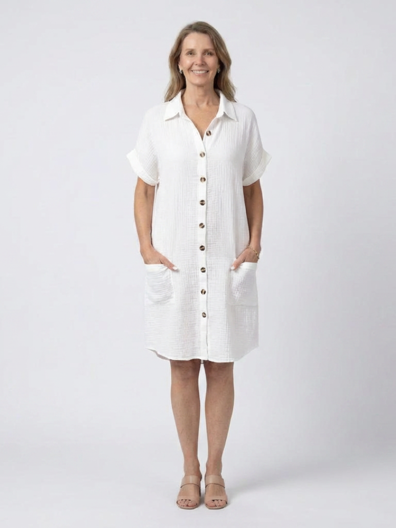 Button Front Short Sleeve Collared Pocket Shirt Dress