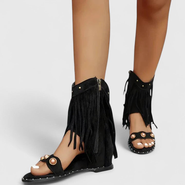 Open Toe Fringe Side Zip Flat Sandals
