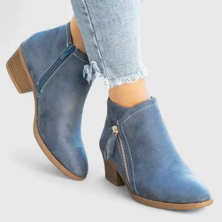 Side Zip Pointed Toe Stacked Block Heel Ankle Boots