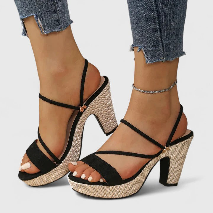 Open Toe Strappy Woven Platform Block Heel Sandals