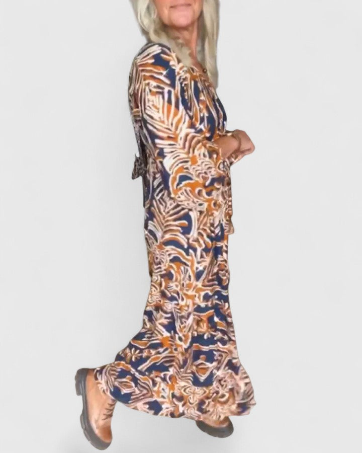 Abstract Floral Print Round Neck Three Quarter Sleeve Maxi Dress