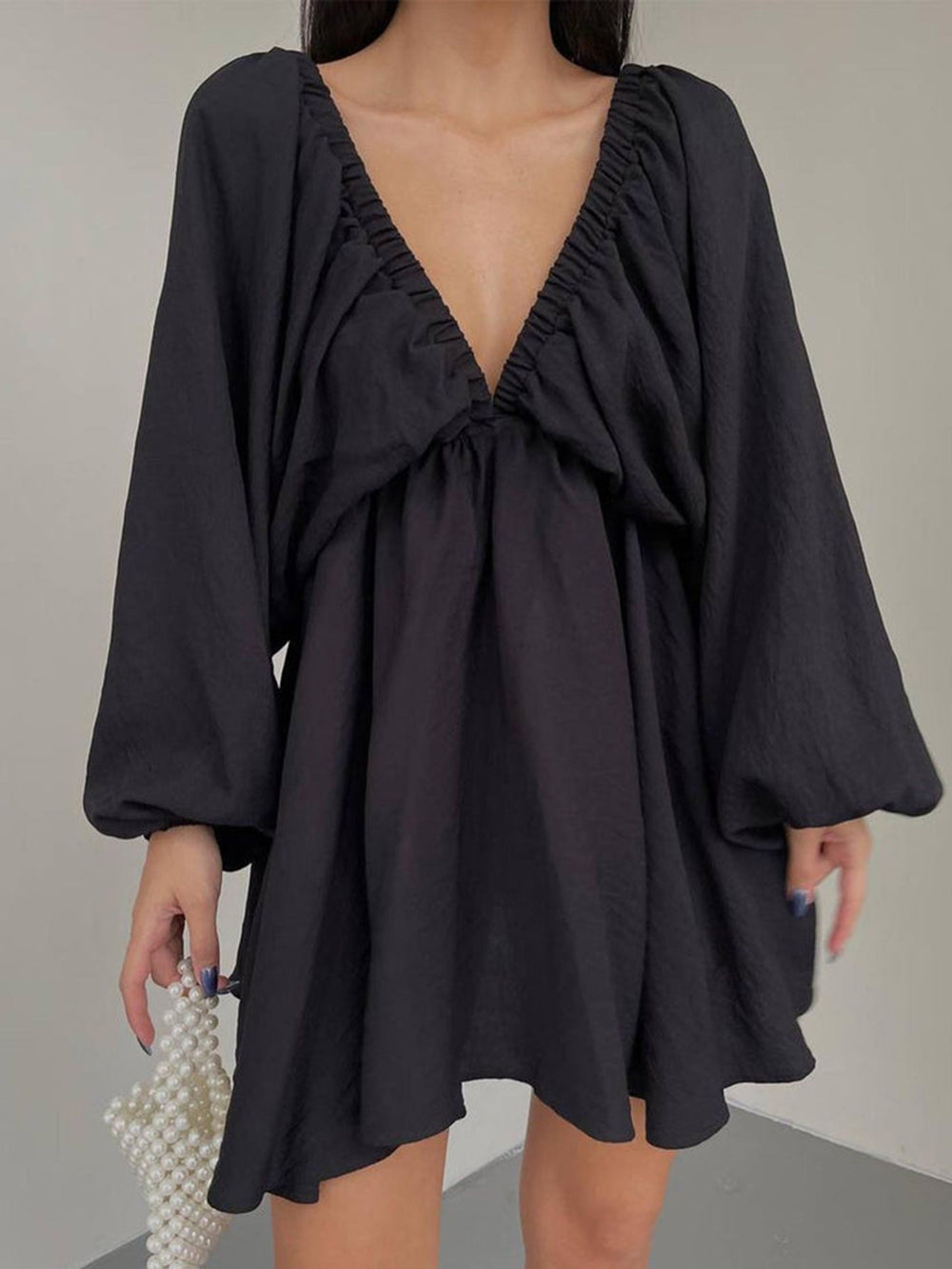 Deep V-Neck Balloon Sleeve Ruched Babydoll Mini Dress