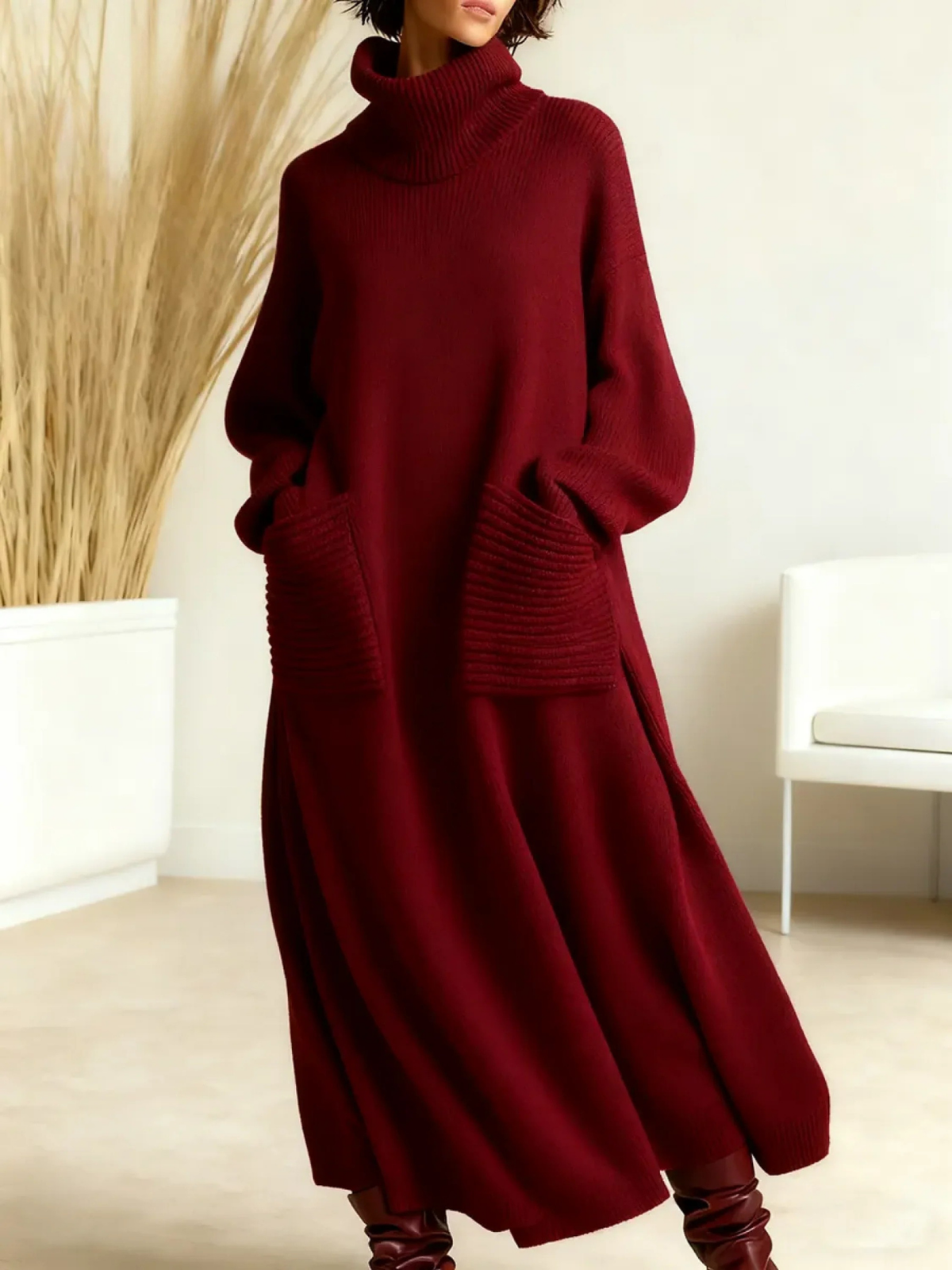 Turtleneck Pocket Knit Maxi Sweater Dress
