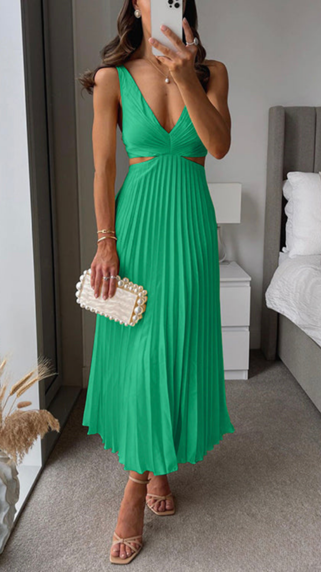 Beatriz Minimalist Pleated Long Dress with a Cut Out Waist Statement Occasion Edit