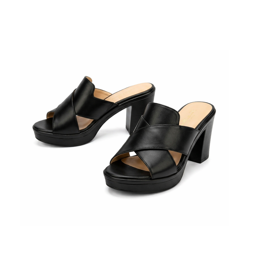 Cross Strap Block Heel Platform Mules