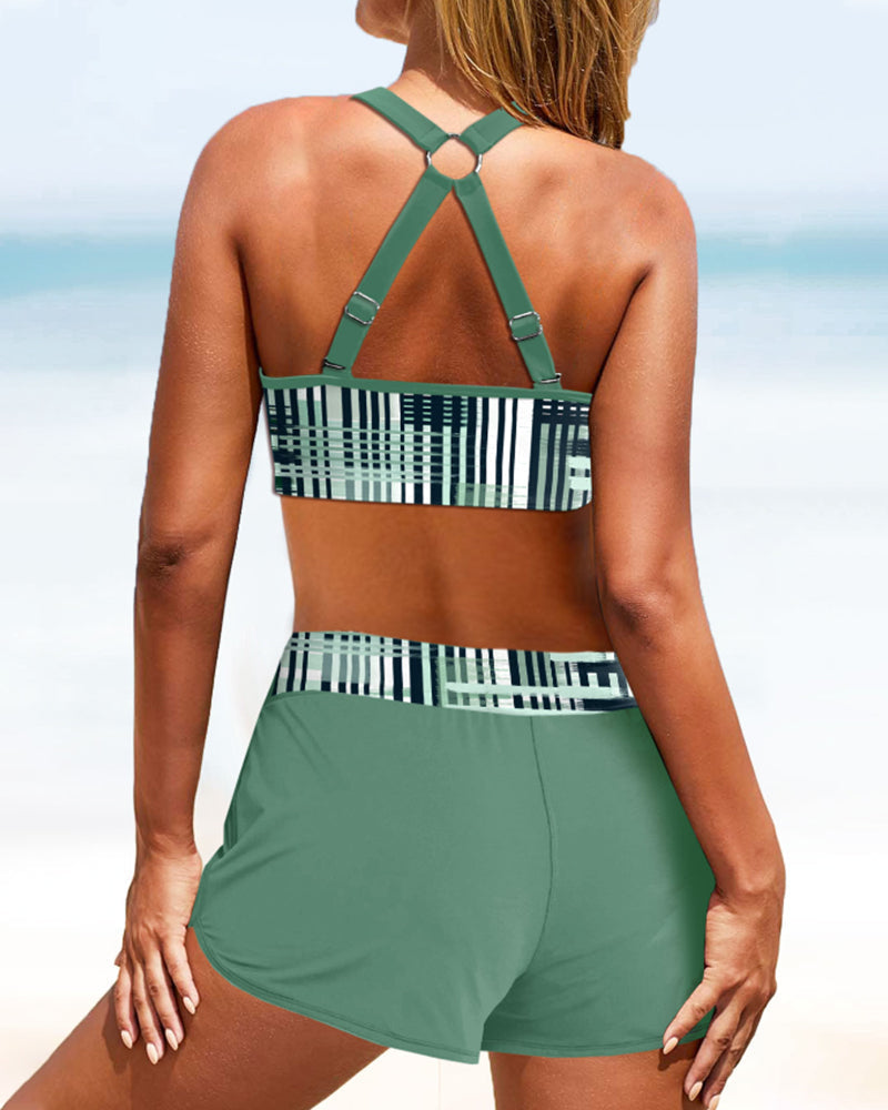 Striped Print Ring Strap Bikini Top and Boyshort Swim Set