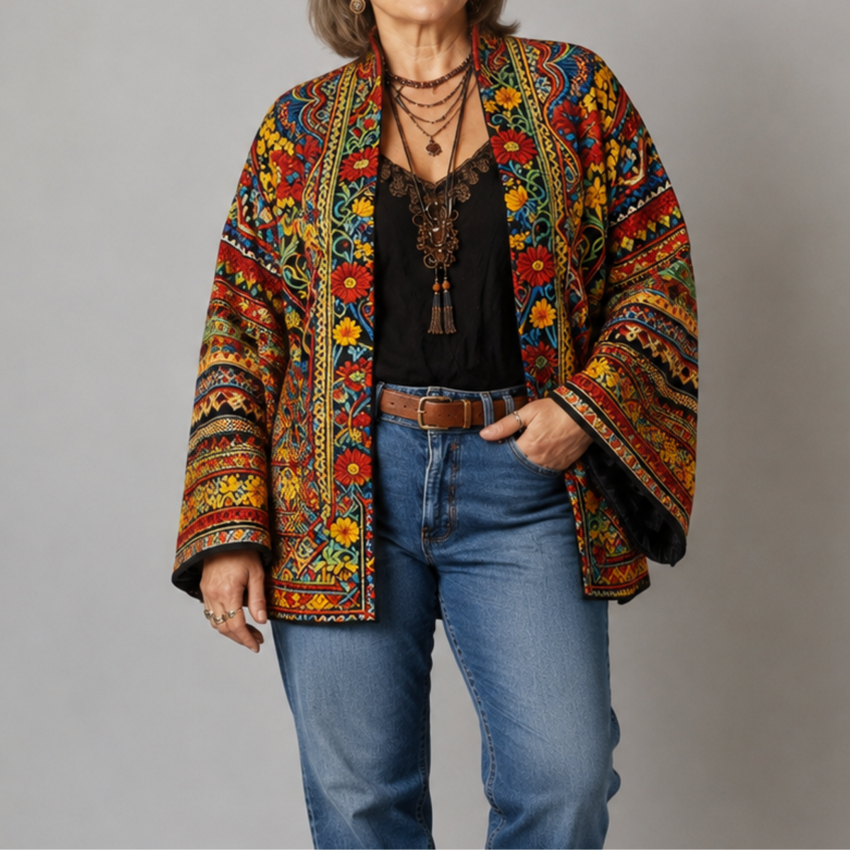 Paisley Print Velvet Open Front Kimono Jacket