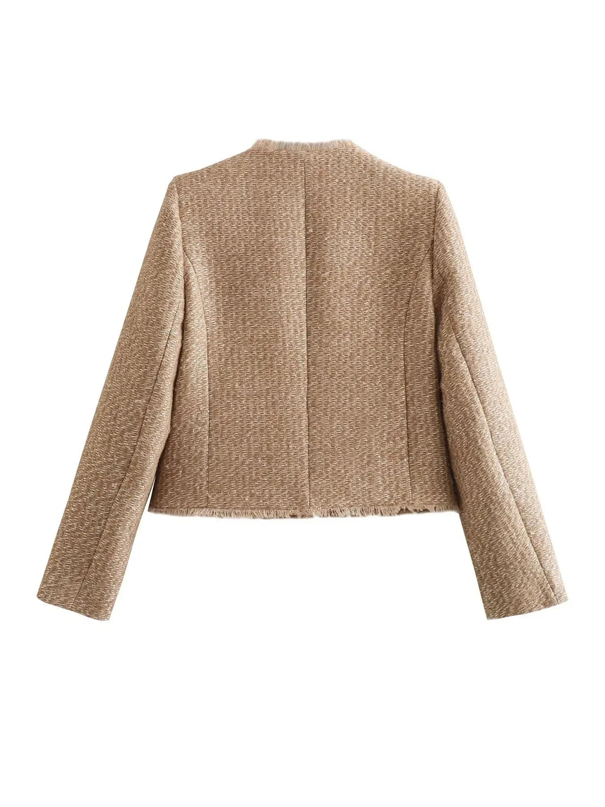 Frayed Trim Gold Button Collarless Tweed Jacket