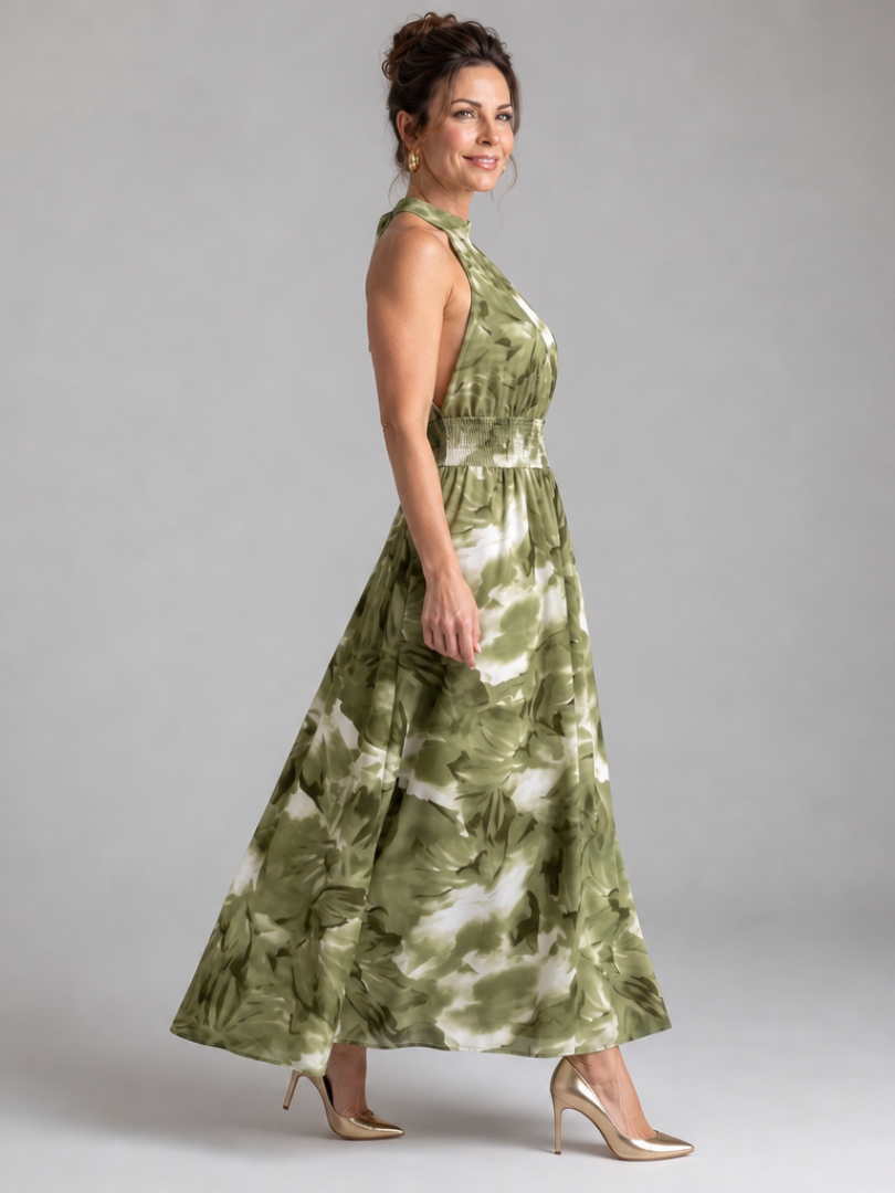 Abstract Print Halter Neck Smocked Waist Maxi Dress