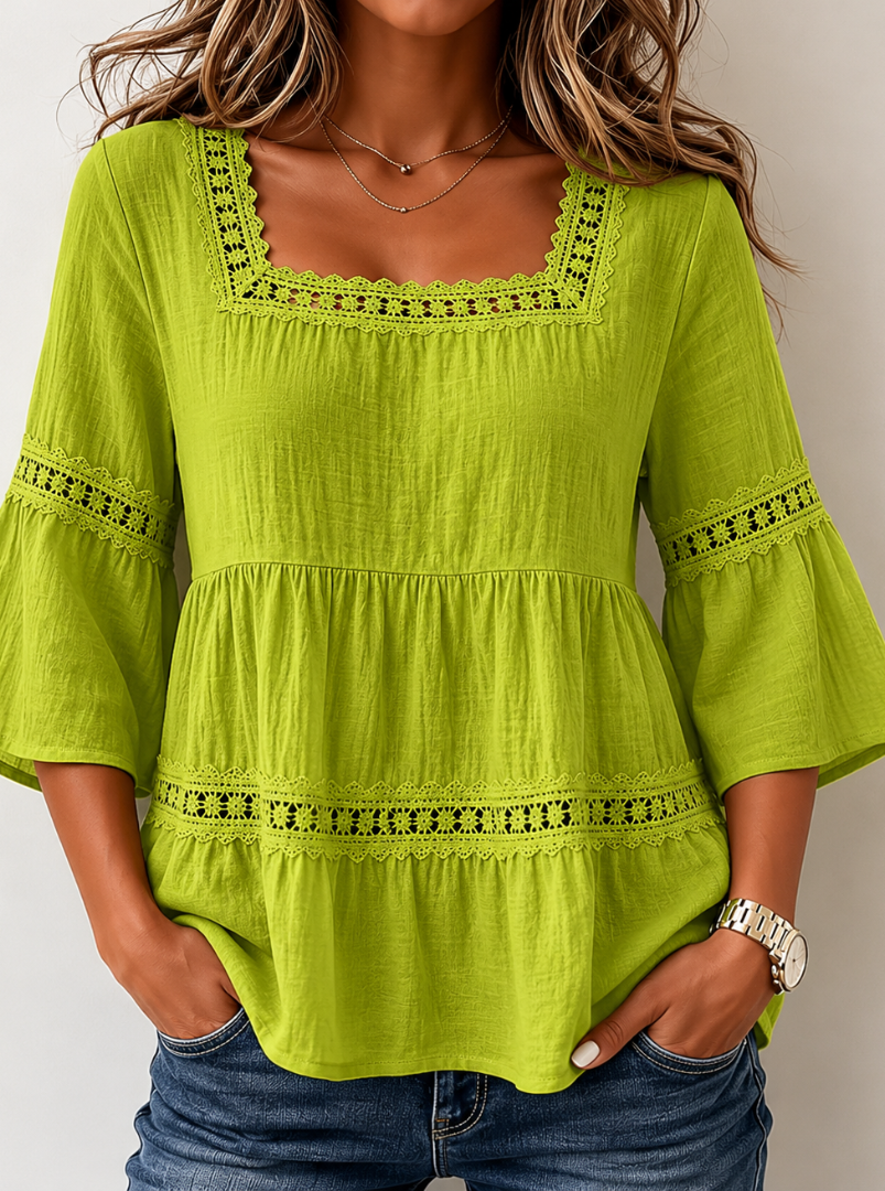 Crochet Lace Trim Square Neck Flare Sleeve Tiered Top