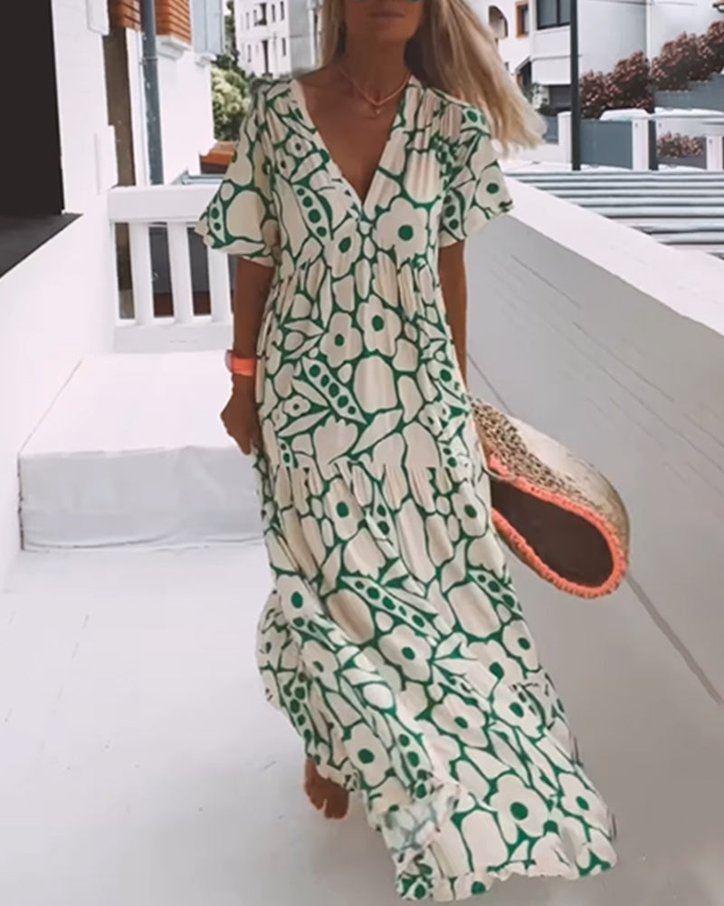 Yoselin Boutique Loose Fitting V Neck Dress with Print Chic Silhouette Collection