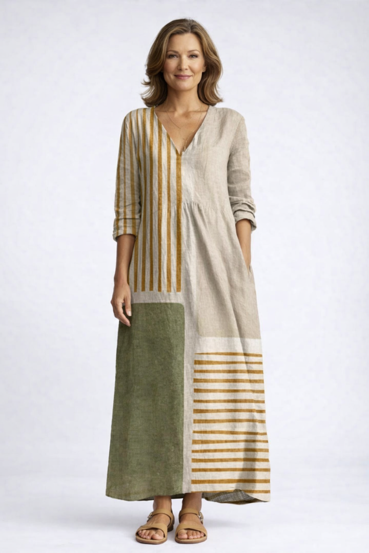 Striped Patchwork V-Neck Long Sleeve Pocket Maxi Dress