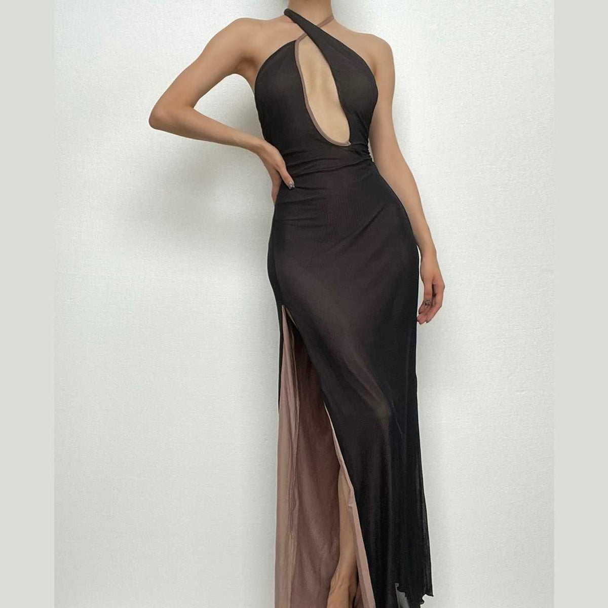 Sheer Mesh Halter Neck Cut Out Contrast Trim High Split Maxi Dress