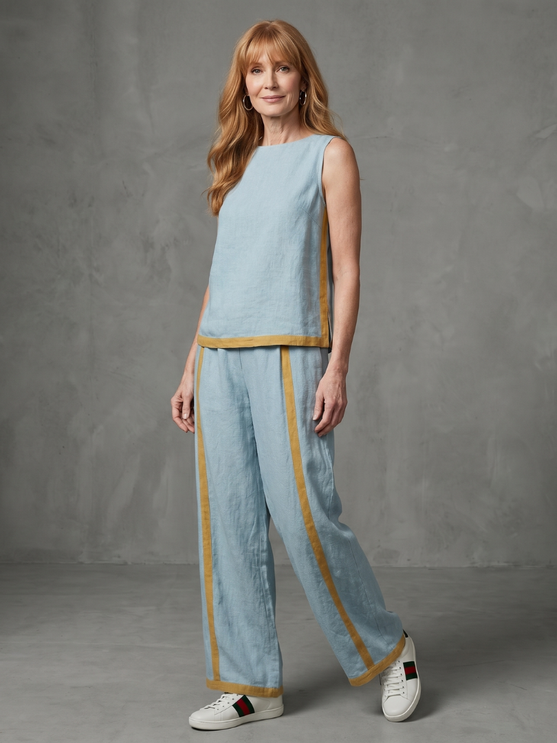 Sleeveless Top and Contrast Stripe Wide Leg Pants Two Piece Set
