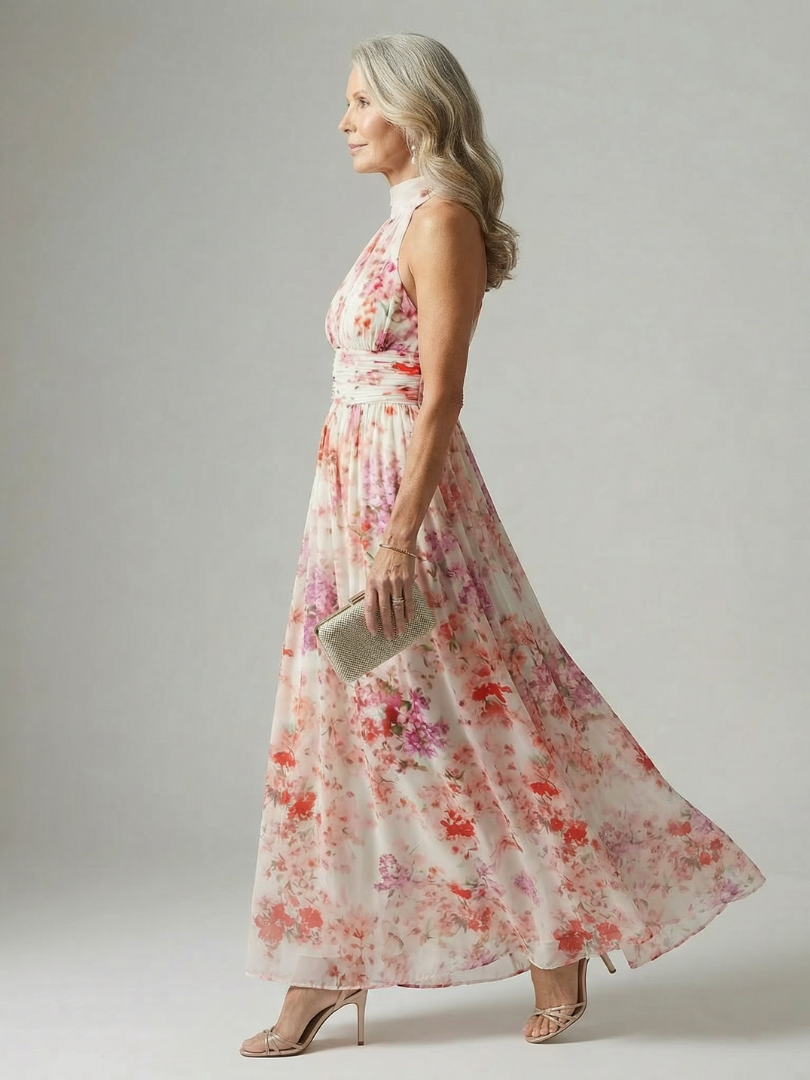 Floral Print Halter Neck Keyhole Maxi Dress