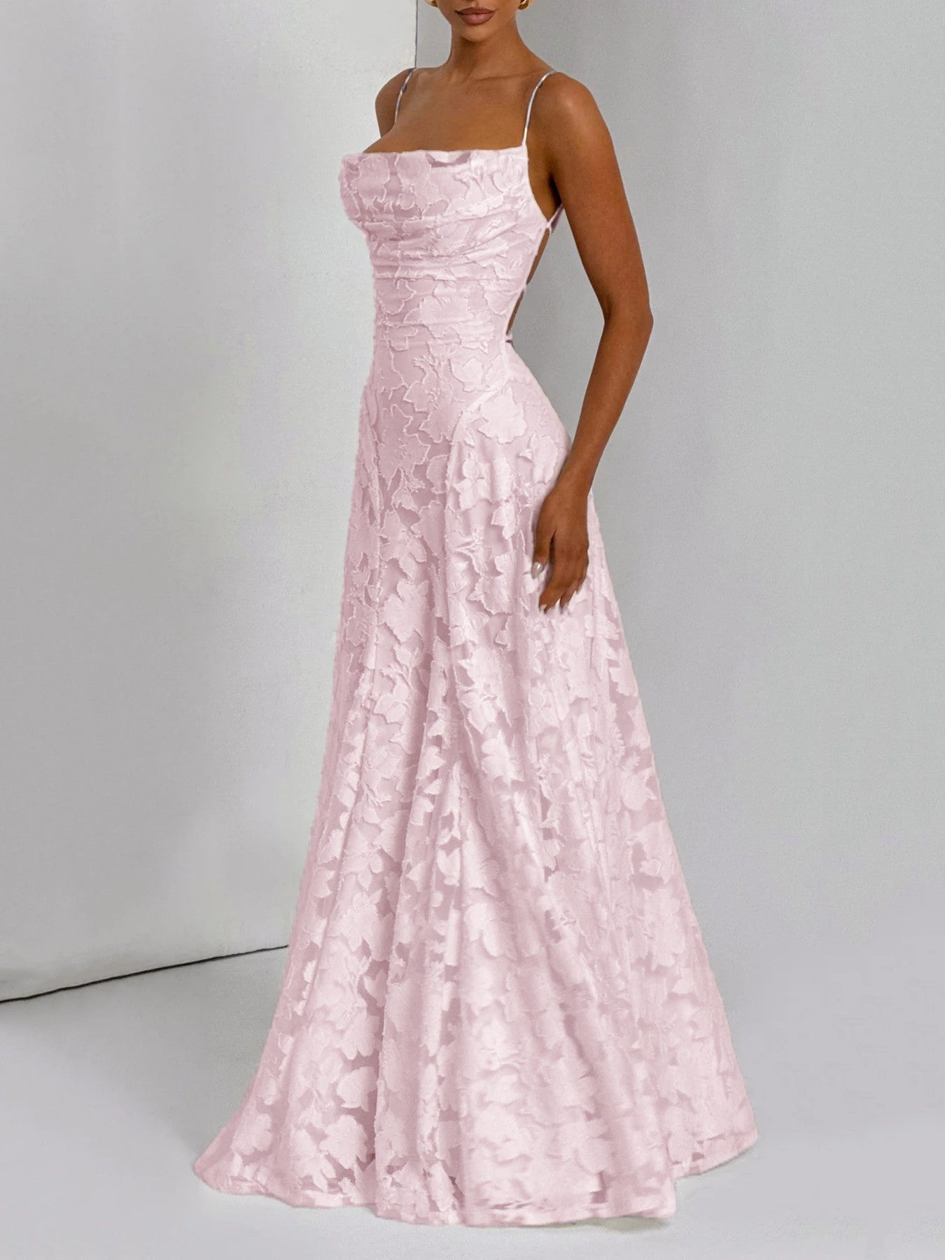 Floral Applique Spaghetti Strap Sleeveless A-Line Maxi Dress