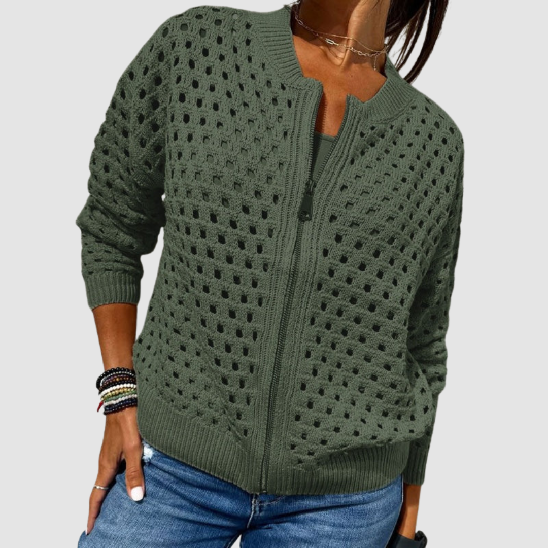 Open Knit Zip Front Bomber Cardigan