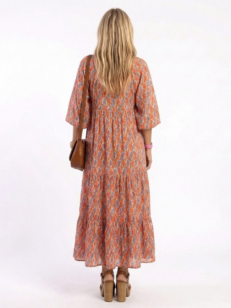 Ikat Print V-Neck Puff Sleeve Tiered Maxi Dress