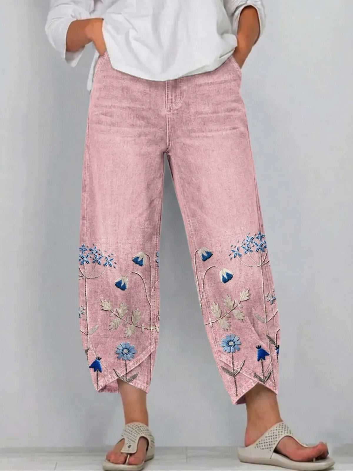 Floral Embroidered Wide Leg Cropped Denim Trousers