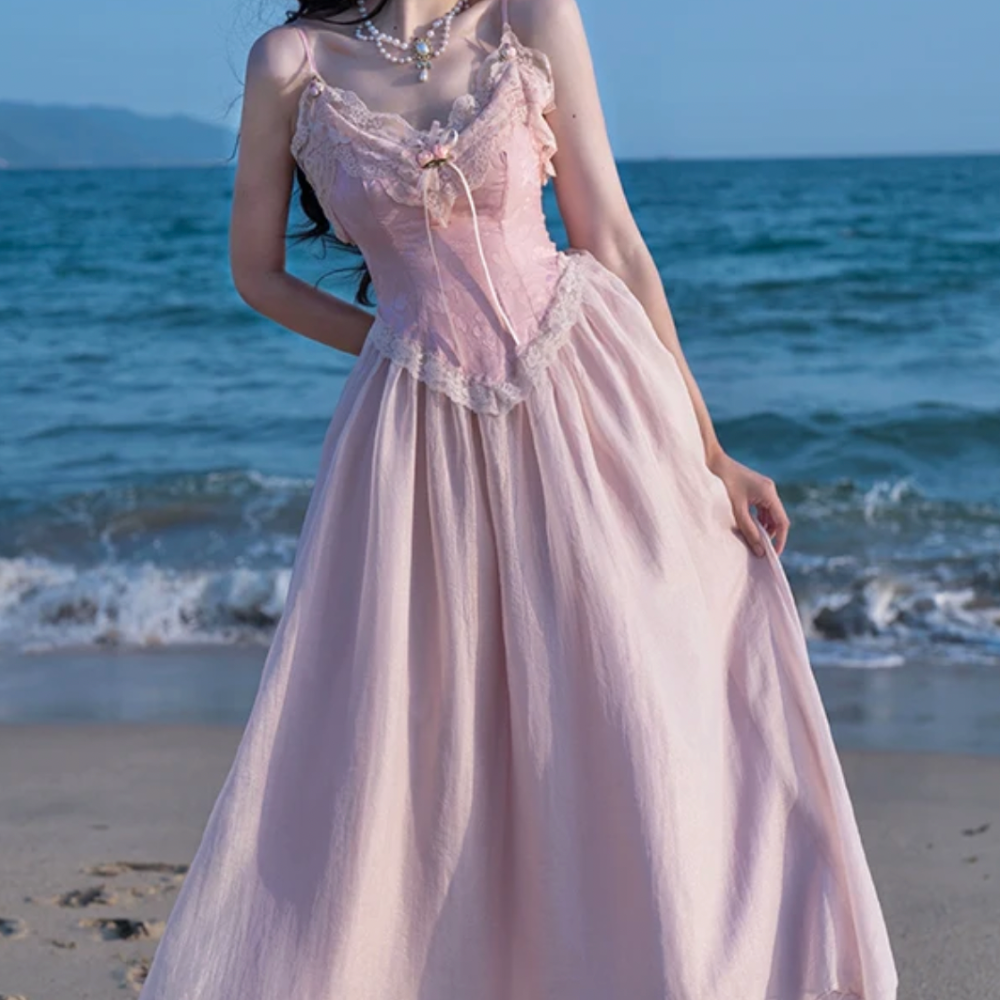 Lace Bustier Spaghetti Strap Tulle Maxi Dress 2