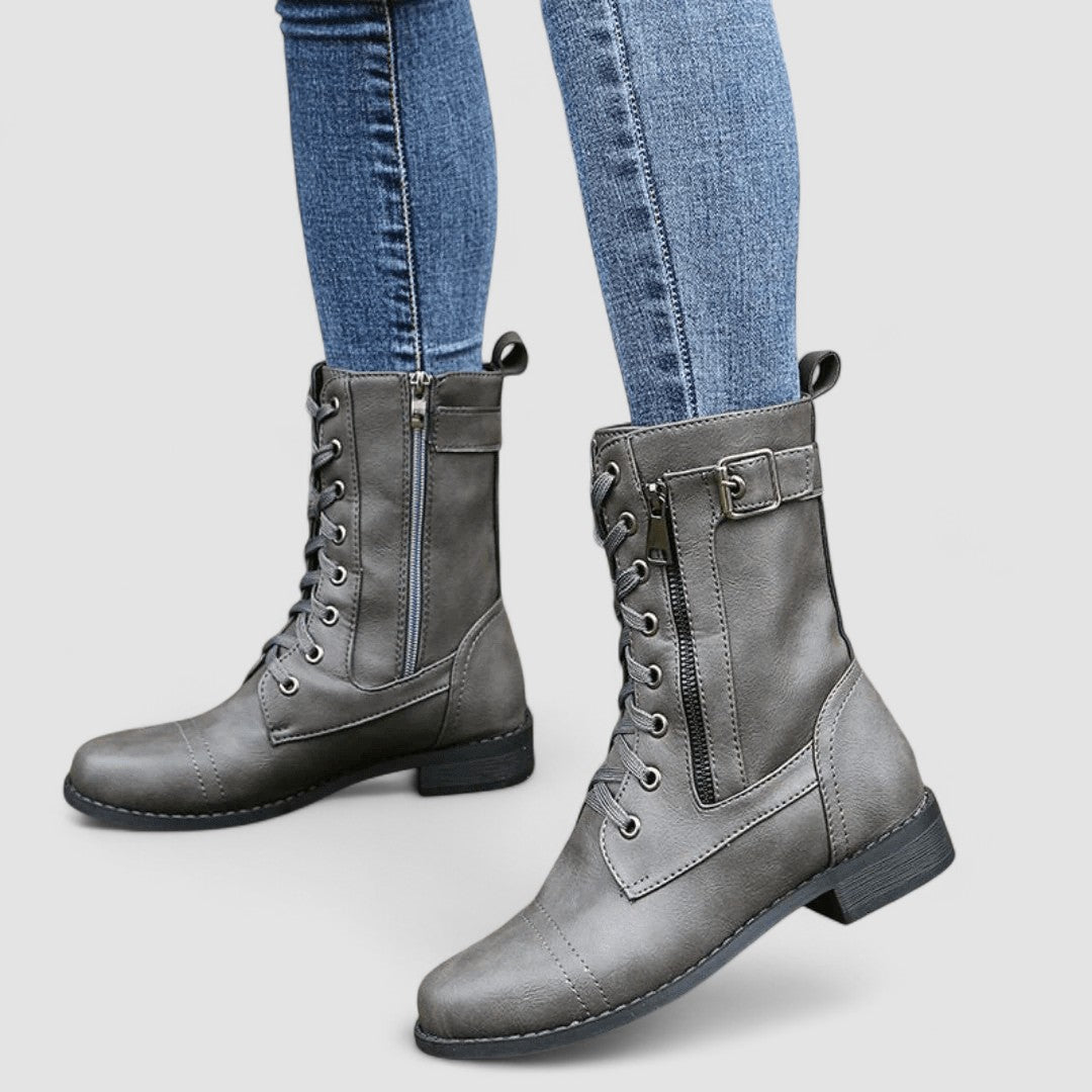 Lace Up Side Zip Buckle Mid Calf Boots