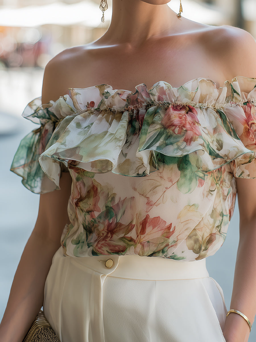 Floral Off Shoulder Ruffle Chiffon Top