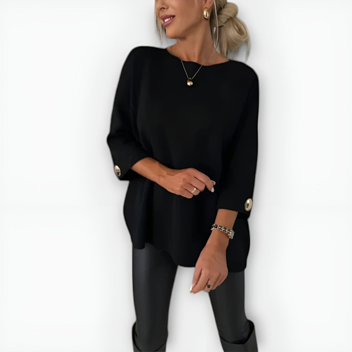 Crew Neck Long Sleeve Button Cuff Side Slit Sweater