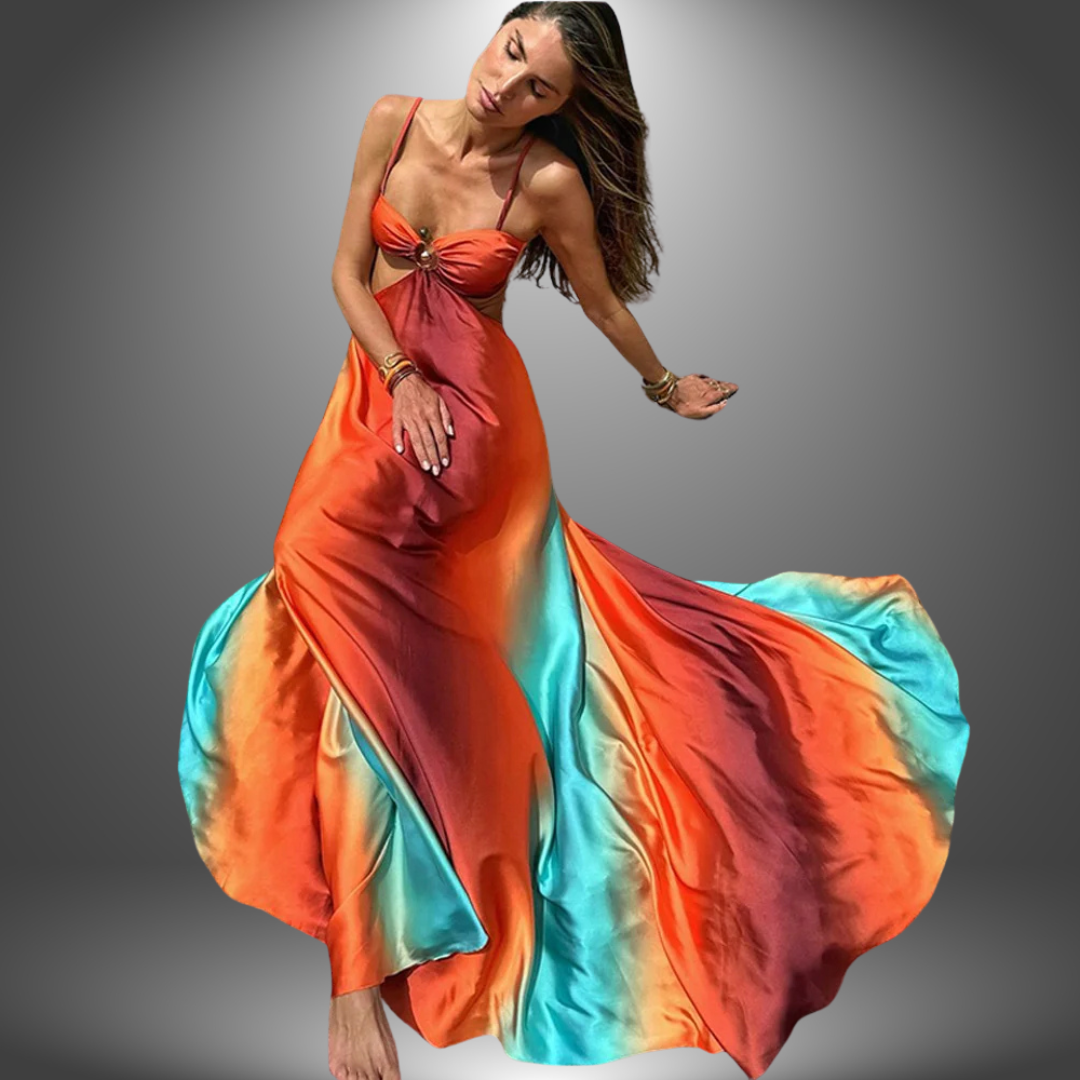 Spaghetti Strap Cut Out Waist Flowing Maxi Gown for Prom