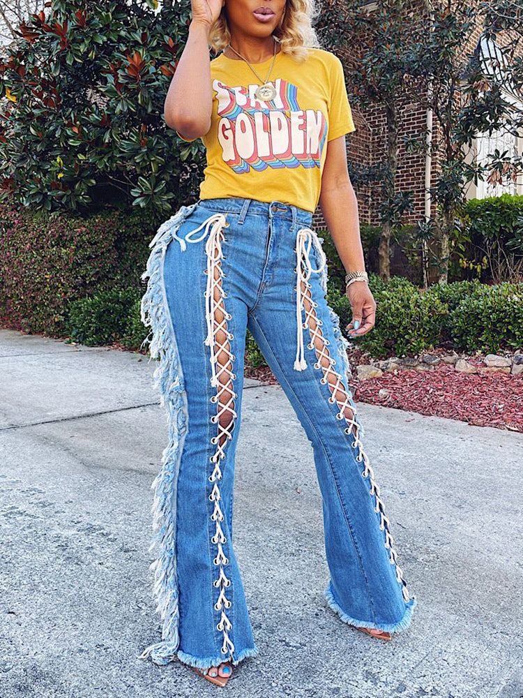 High Waist Lace Up Side Cut Out Frayed Flare Jeans 3