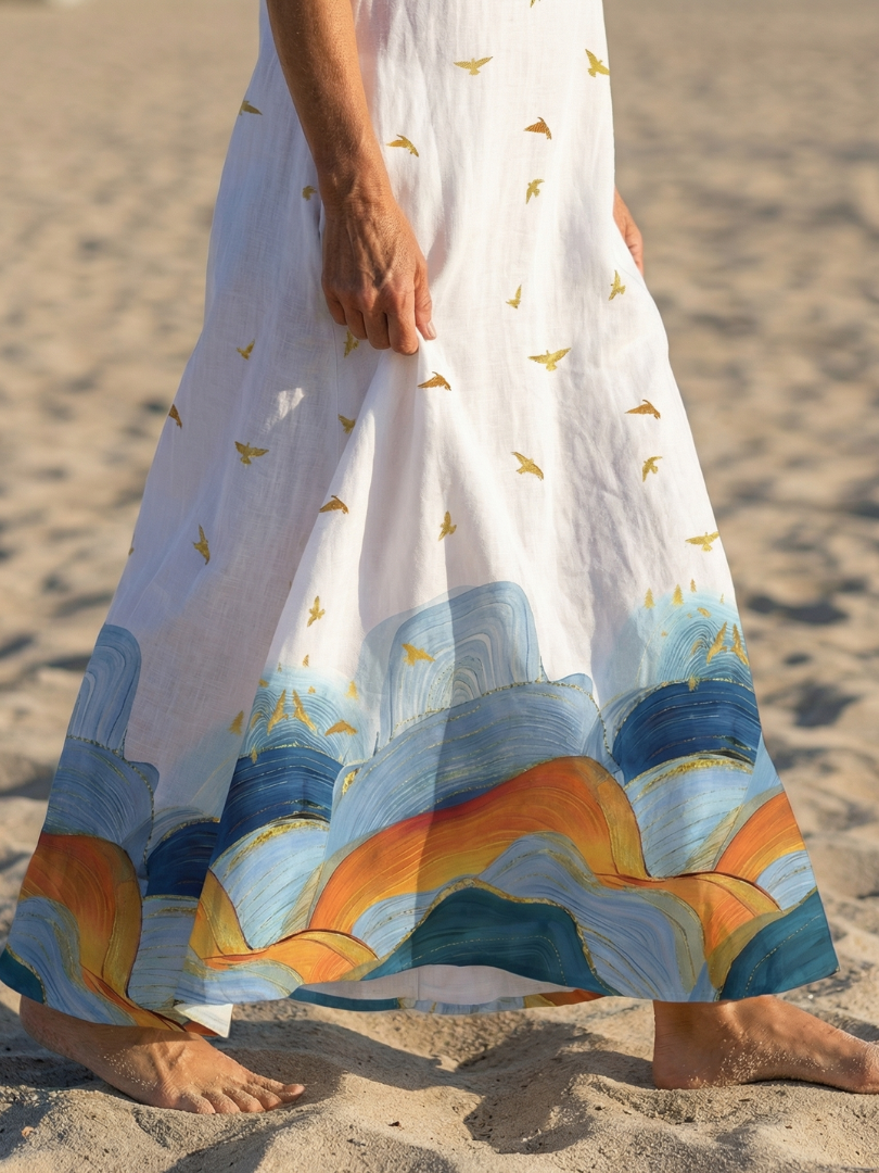 Notch Neck Sleeveless Bird Print Scenic Border Maxi Dress