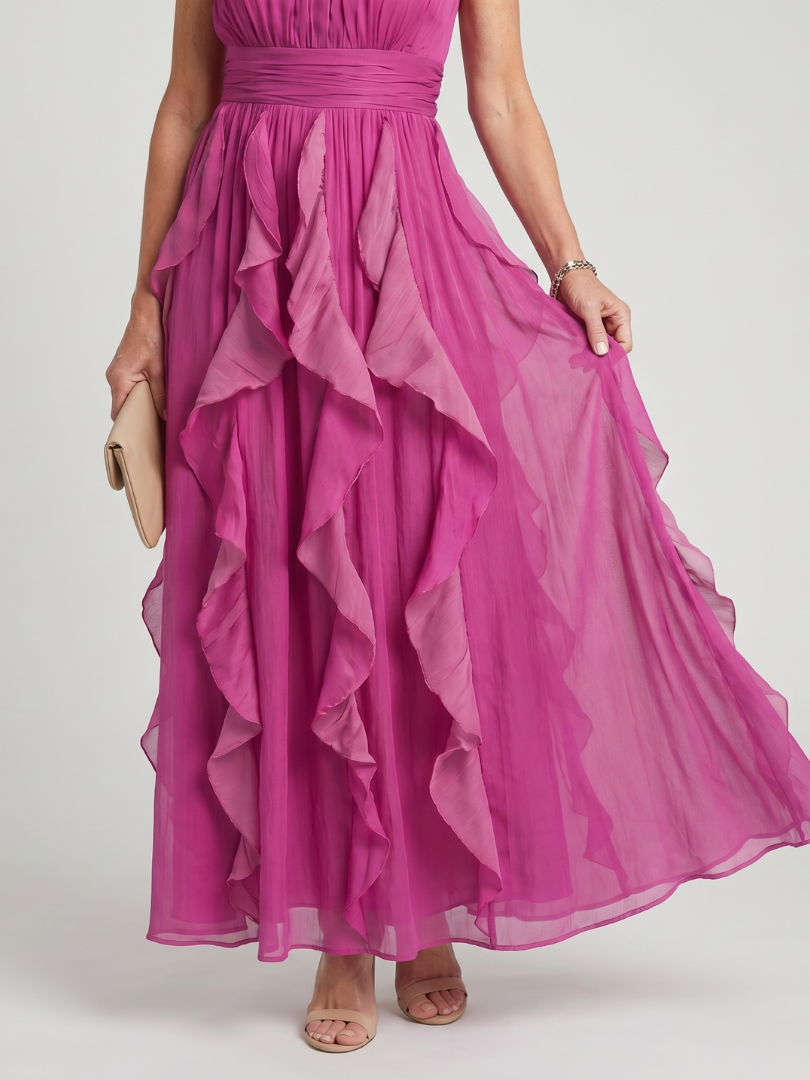 High Neck Sleeveless Ruffle Cascade Chiffon Maxi Dress
