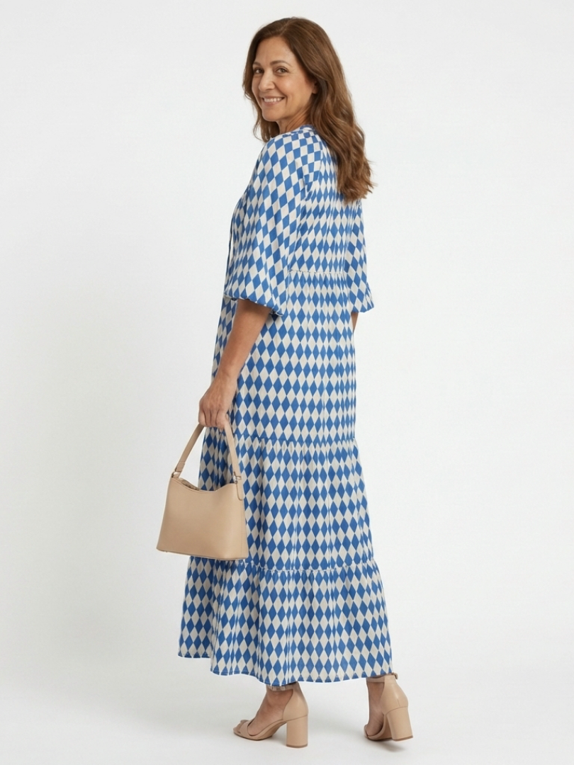 Diamond Print Split Neck Puff Sleeve Tiered Maxi Dress