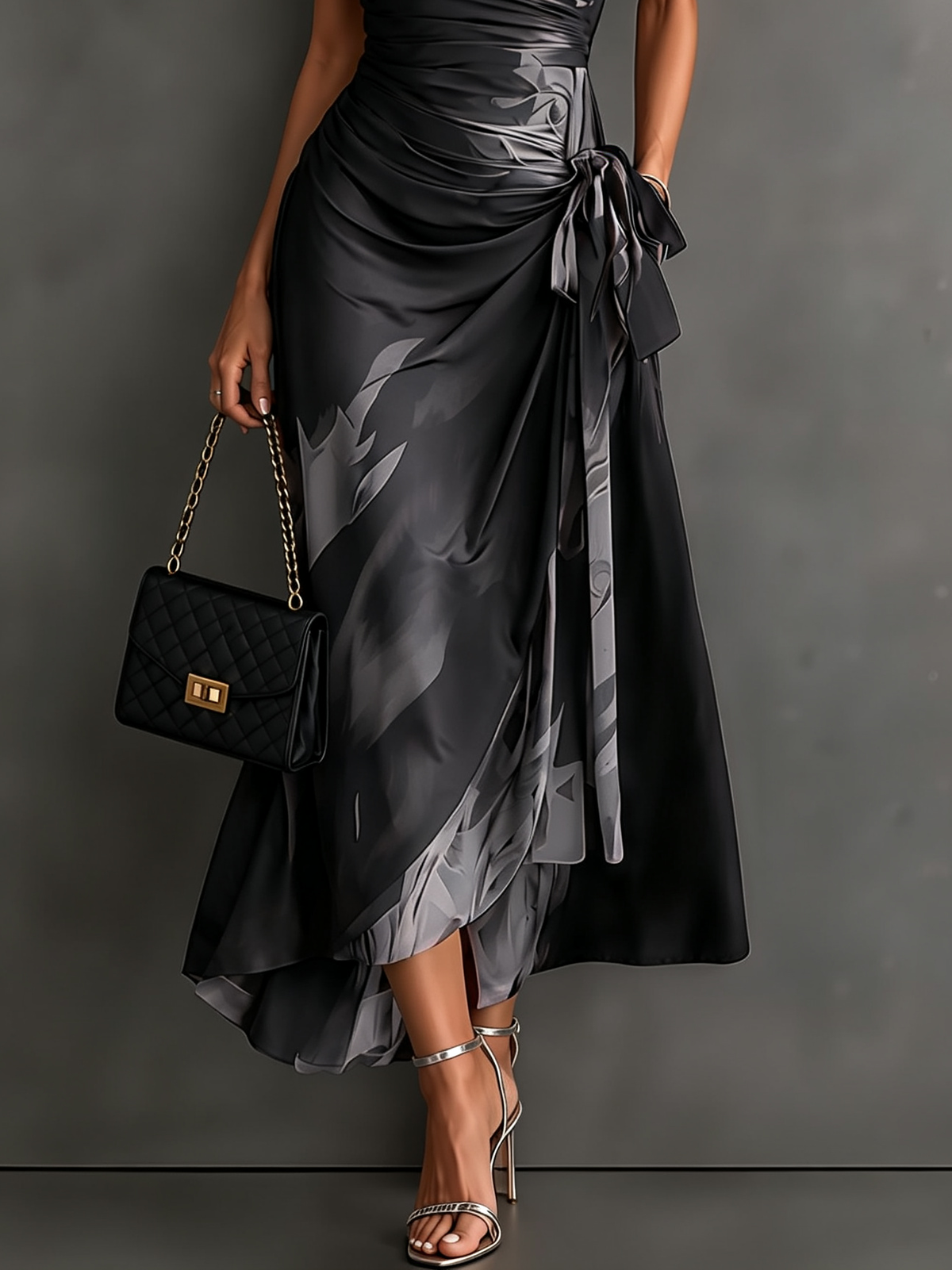 Abstract Print Collared Cap Sleeve Ruched Wrap Maxi Dress