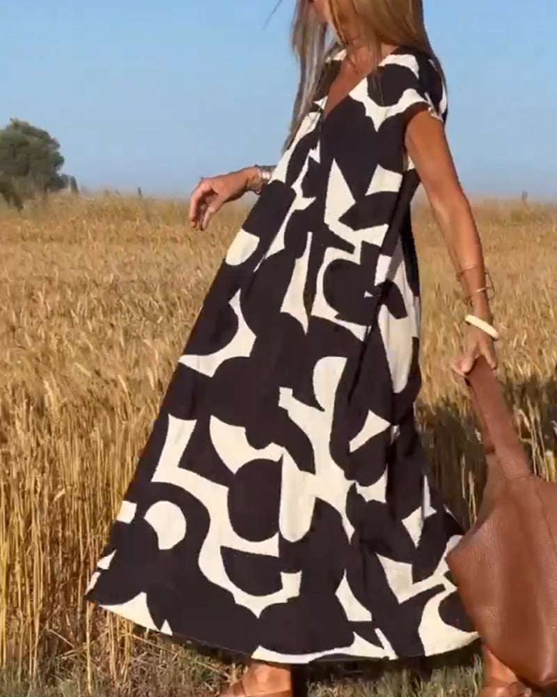 Abstract Print V-Neck Cap Sleeve Oversized Maxi Dress