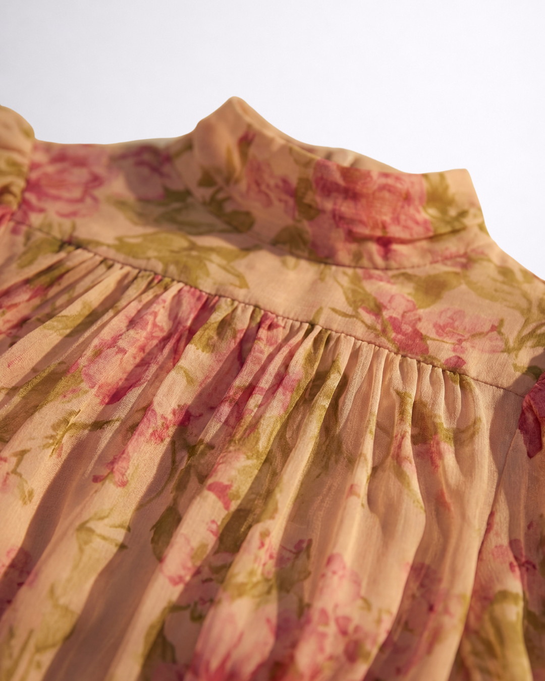 Floral Print High Neck Puff Sleeve Ruffle Hem Chiffon Maxi Dress