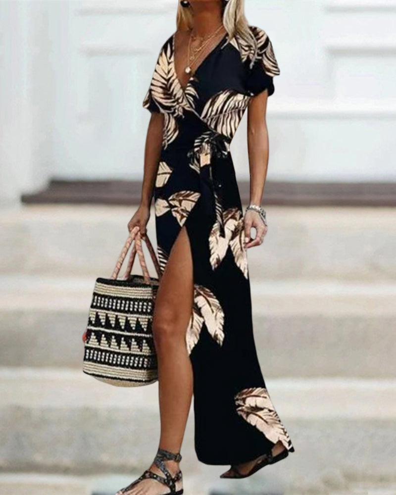 Short sleeve front slit printed dress