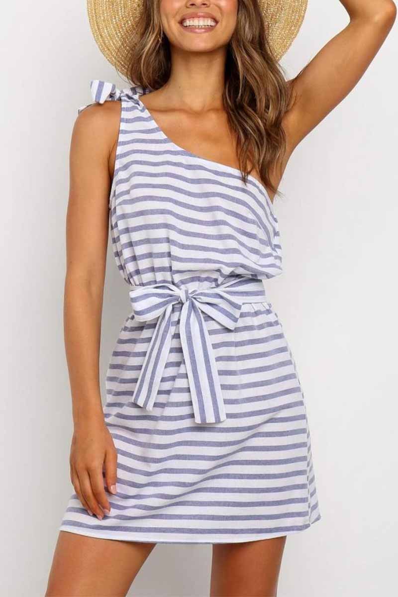 Striped One Shoulder Bow Tie Belted Sleeveless Mini Dress 2