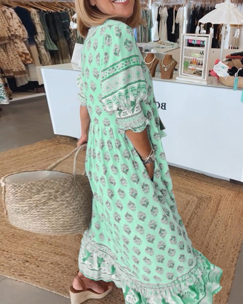 Printed V-Neck Ruffle Short Sleeve Tiered Maxi Dress