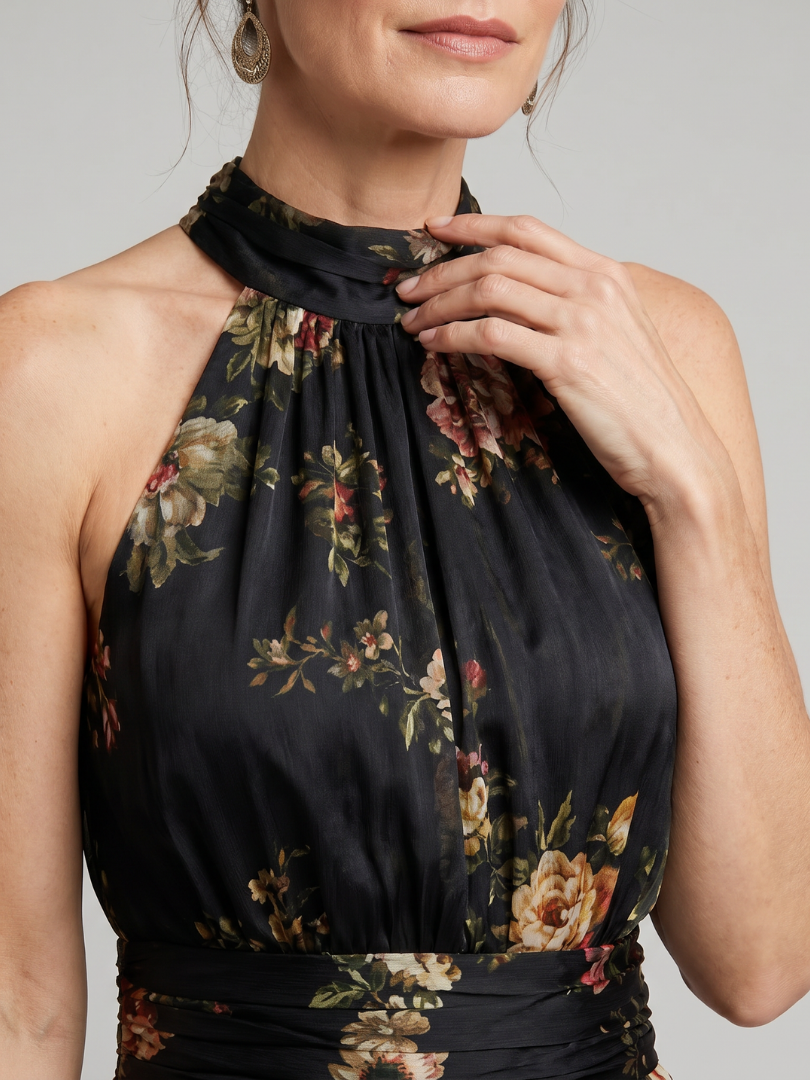 Floral Halter Neck Sleeveless Ruched Waist Maxi Dress