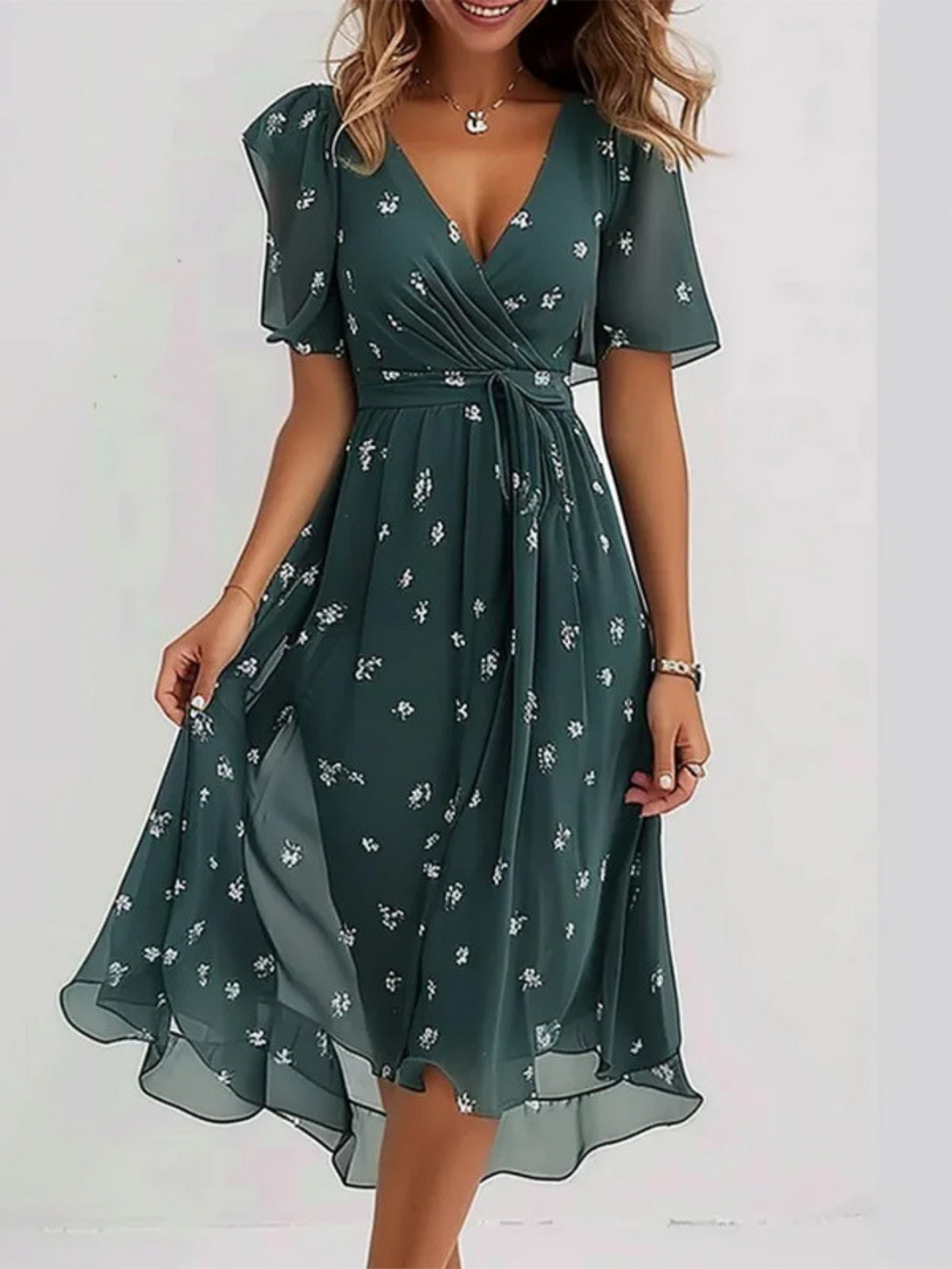 Floral V-Neck Flutter Sleeve Tie Waist Fit and Flare Midi Dress