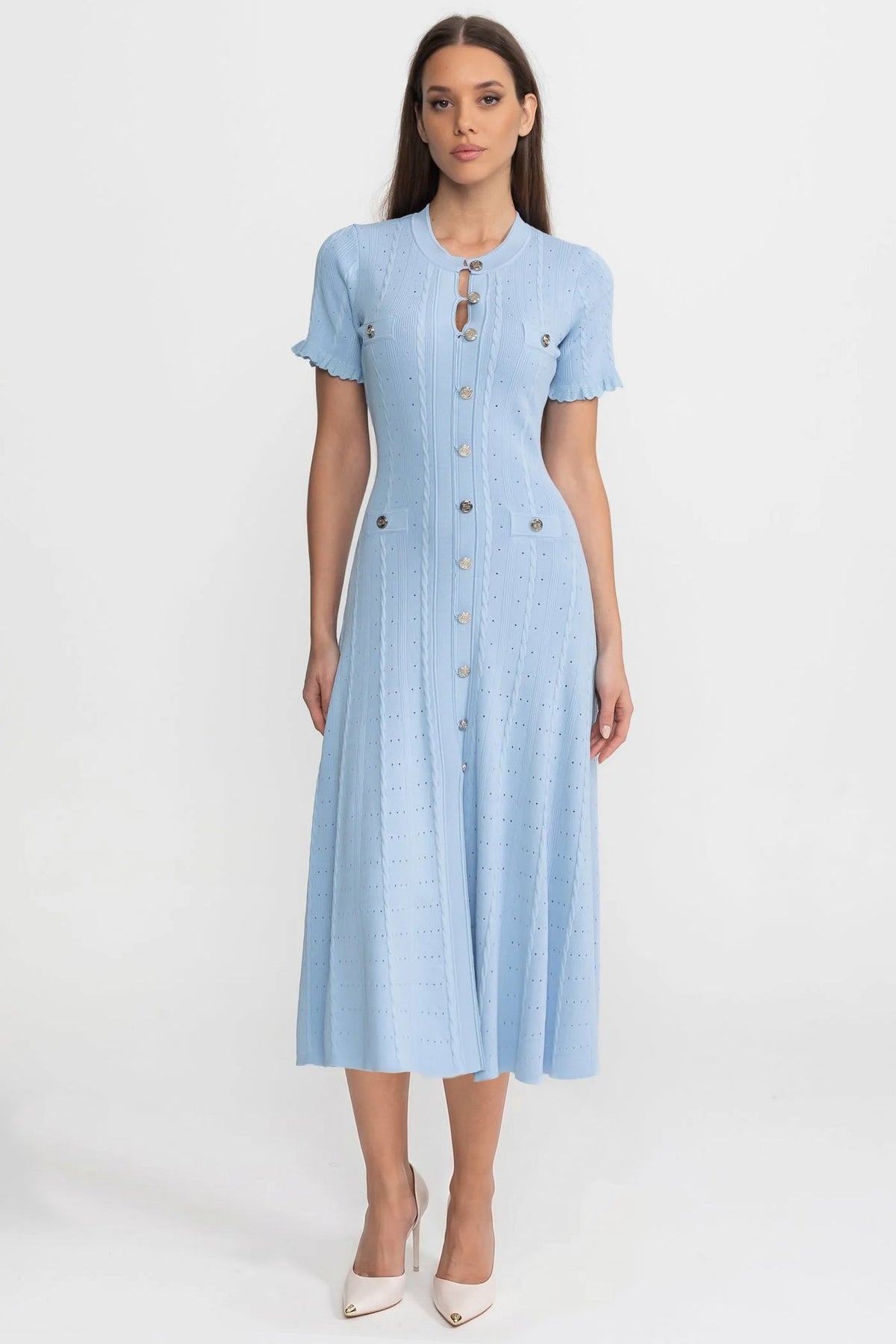 Pointelle Knit Button Front Short Sleeve Ruffle Cuff A-Line Midi Dress
