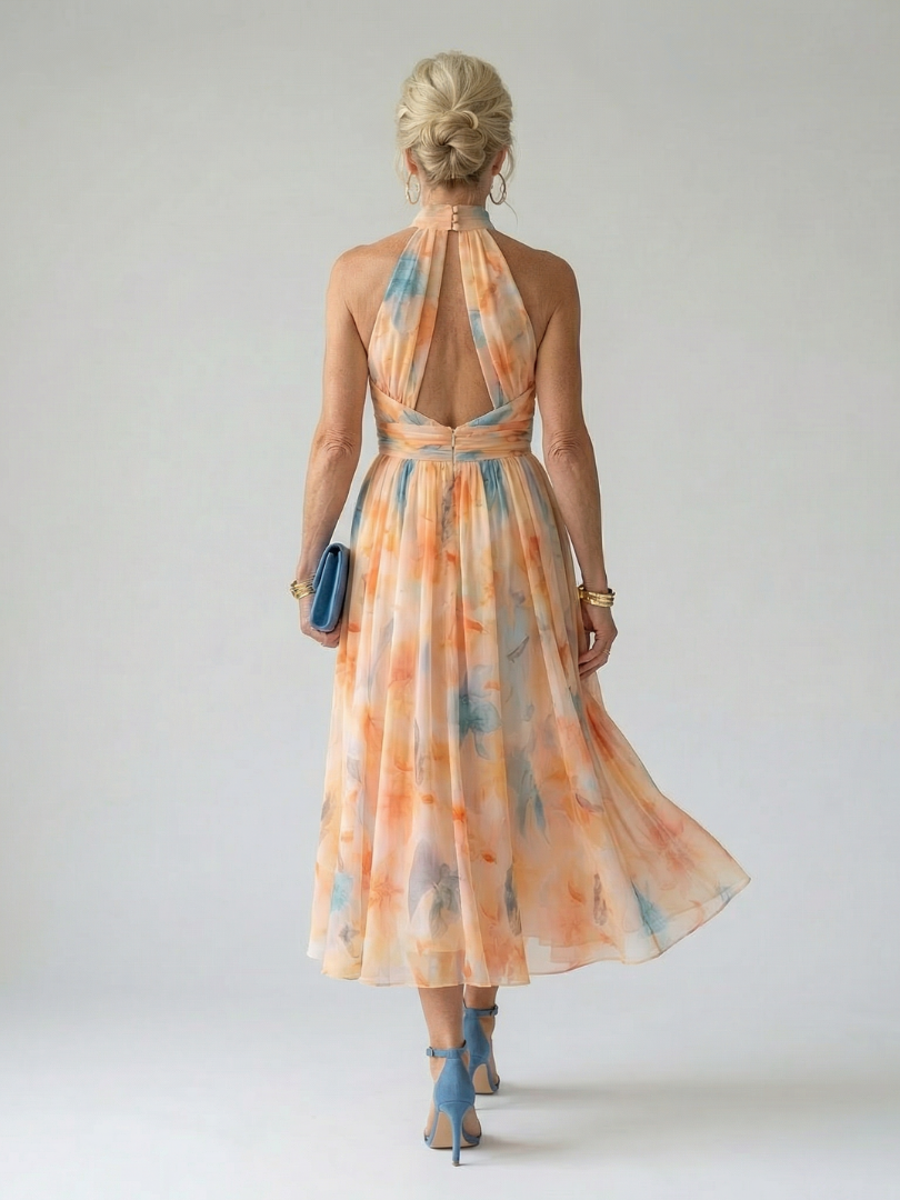 Floral Halter Neck Sleeveless Midi Dress
