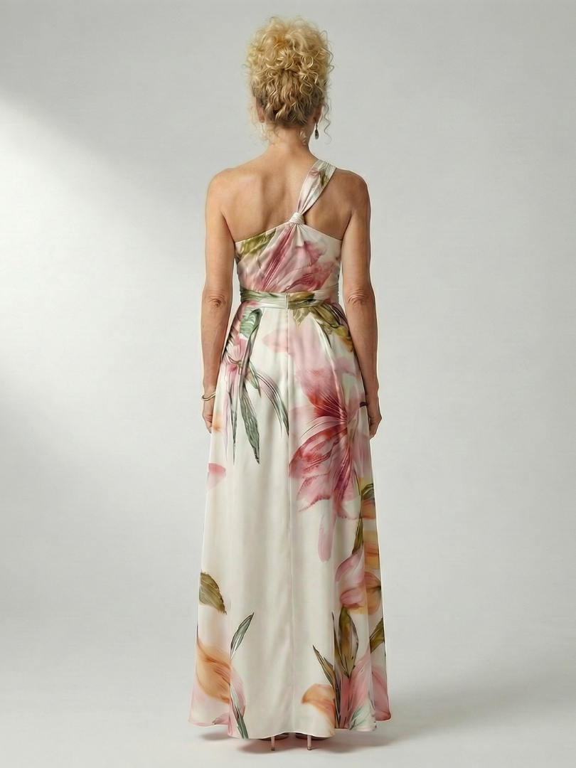 Floral Print One Shoulder Satin Maxi Dress