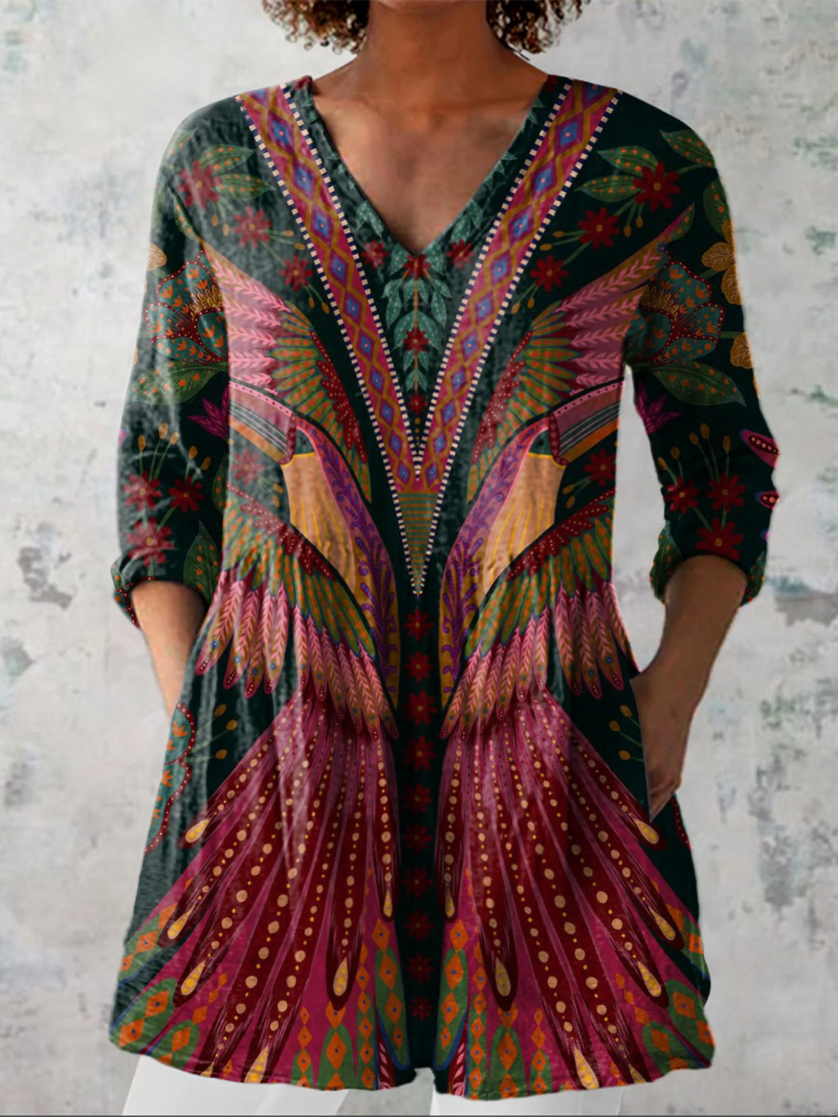 V-Neck Long Sleeve Ethnic Print Tunic Blouse