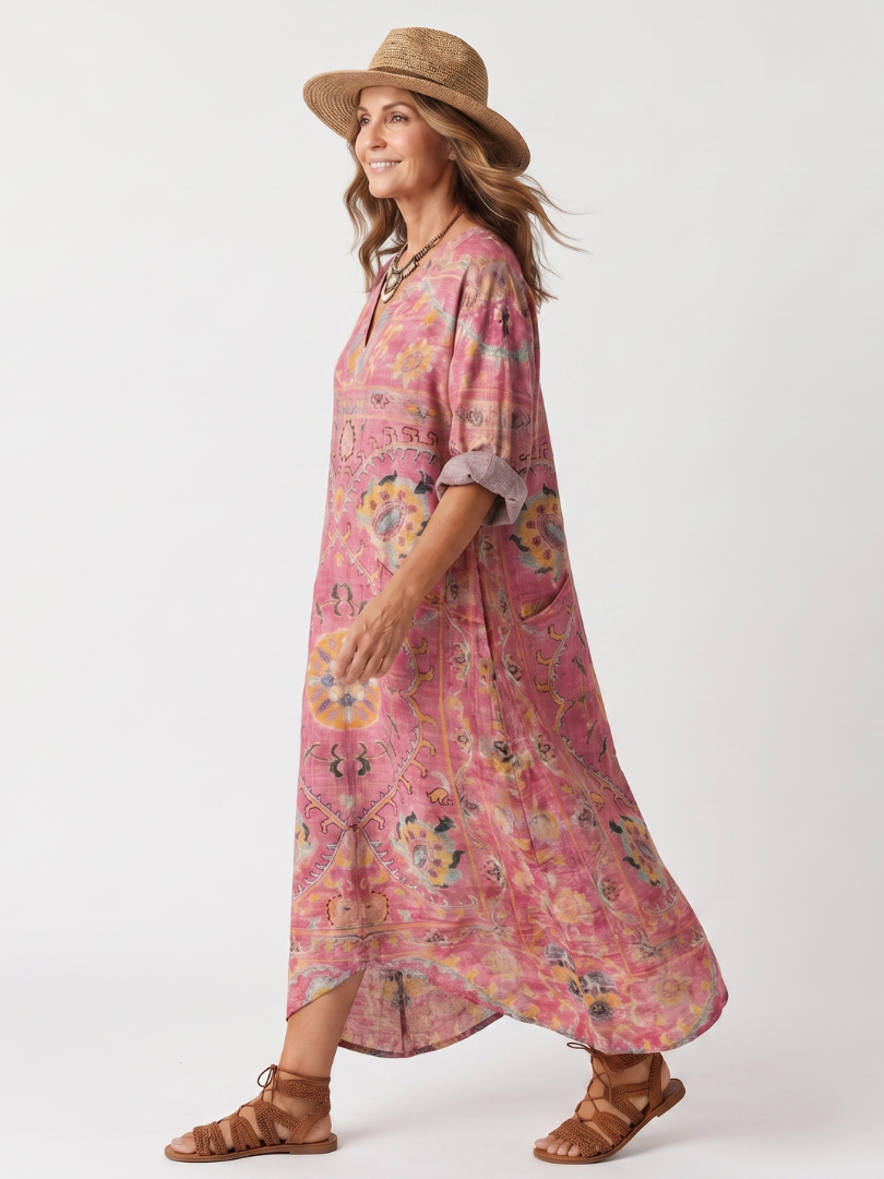 Paisley Medallion Print V-Neck Roll Sleeve Kaftan Maxi Dress