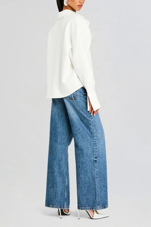Collared Long Sleeve Corset Waist Cropped Shirt