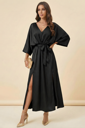 Satin V-Neck Batwing Wrap Maxi Dress 3