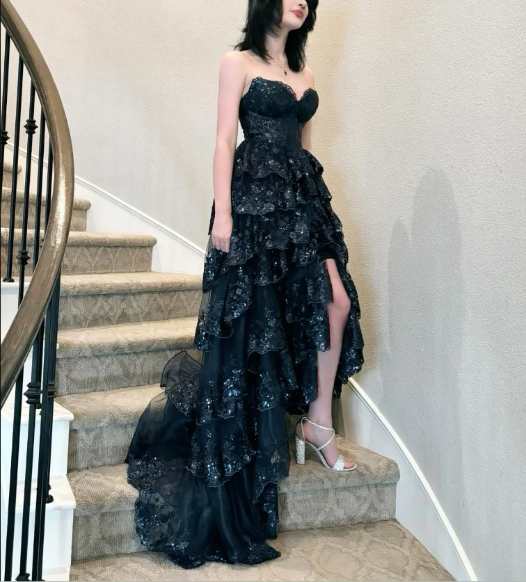 Navy Blue A-Line Strapless Multi-Layers Sequins Long Prom Dress Slit Evening Dress cc1996