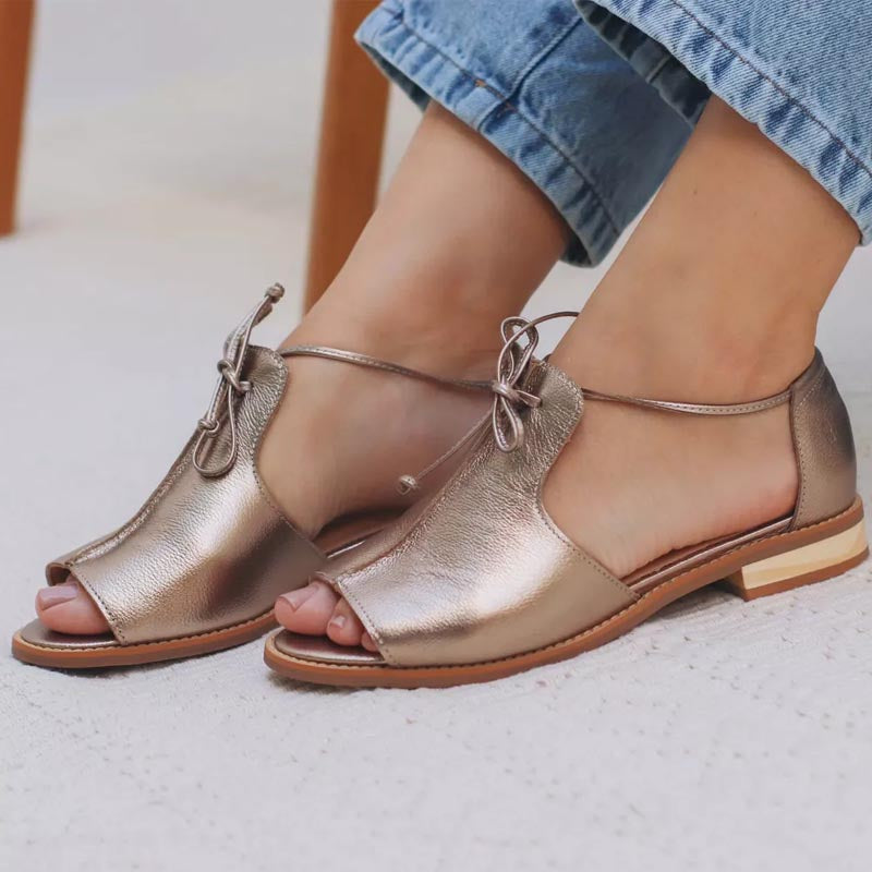 Metallic Peep Toe Lace Up T-Strap Flat Sandals