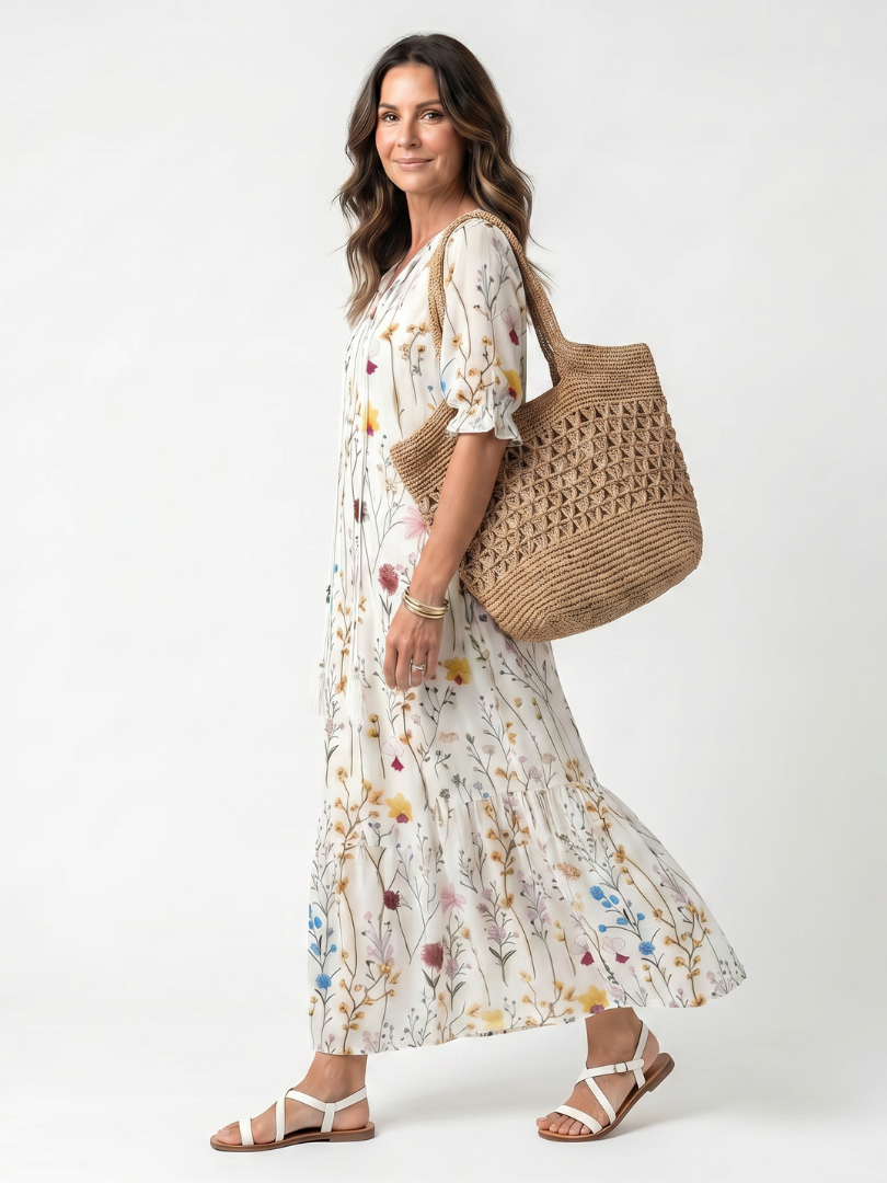 Floral Print V-Neck Puff Sleeve Tiered Maxi Dress